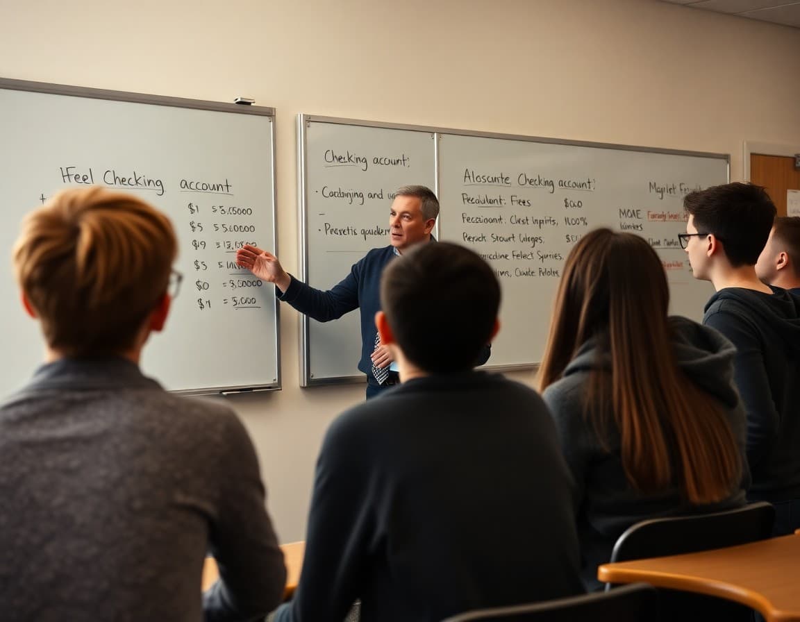 Personal finance teacher explaining checking account fees to high school students at a whiteboard