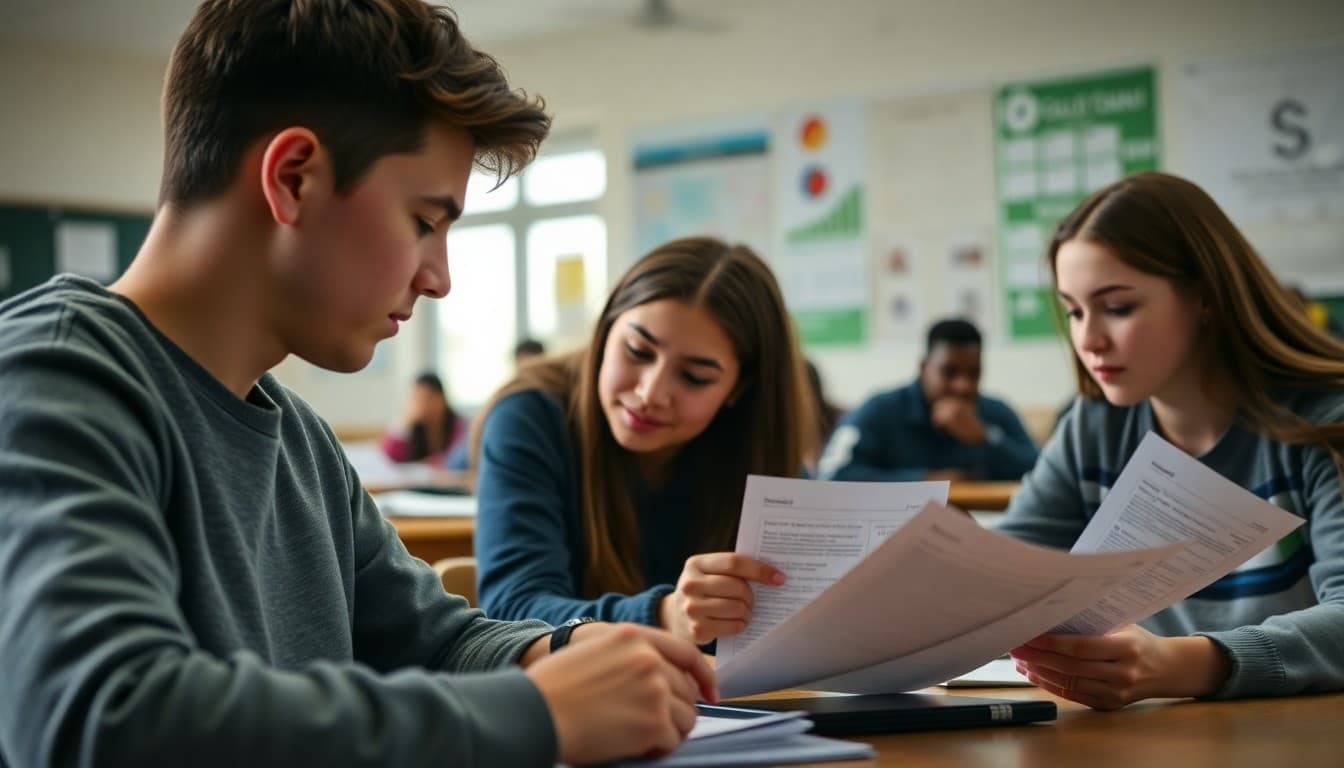 High school students reviewing bank statements and account documents in a personal finance class