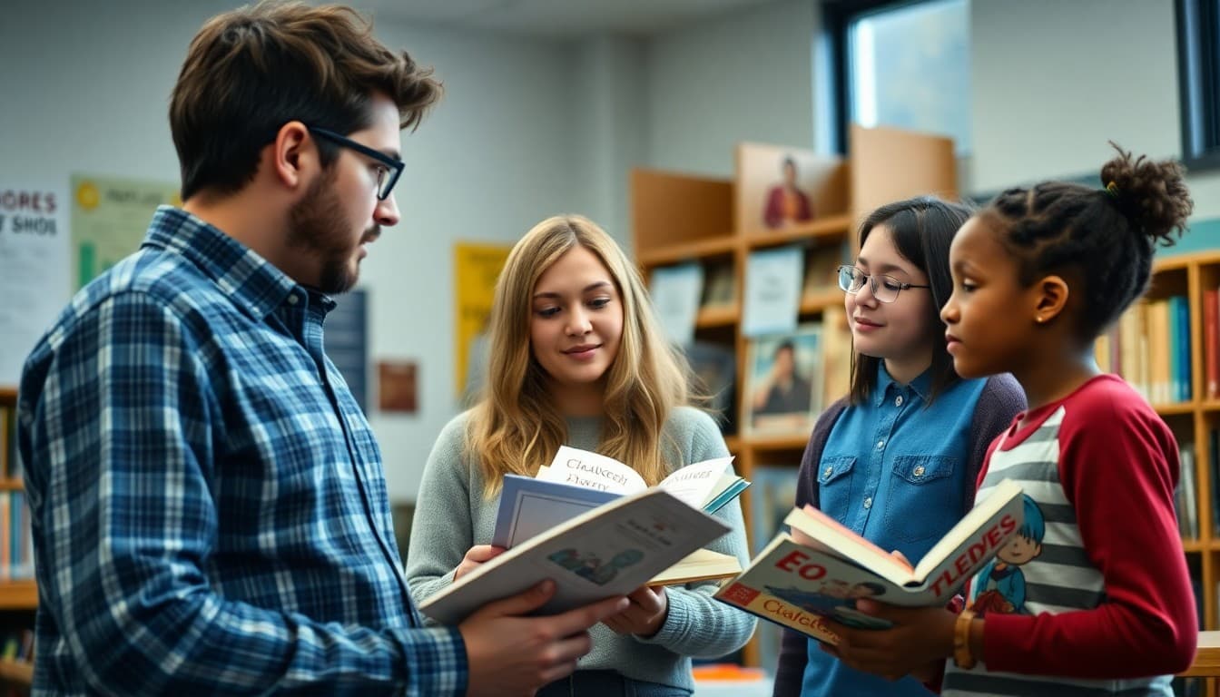 High school teacher and students reviewing a display of challenged books in classroom library