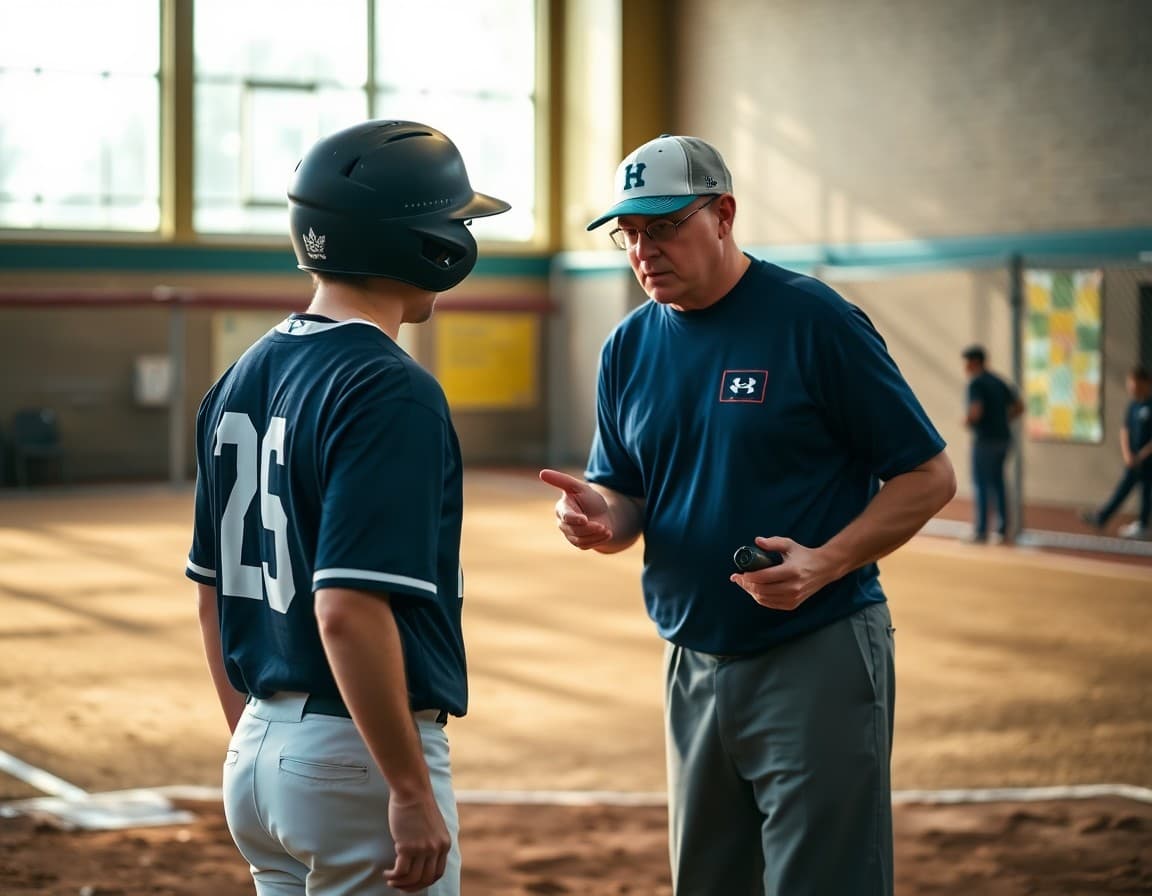 Baseball coach giving instructions to a player at home plate during high school practice