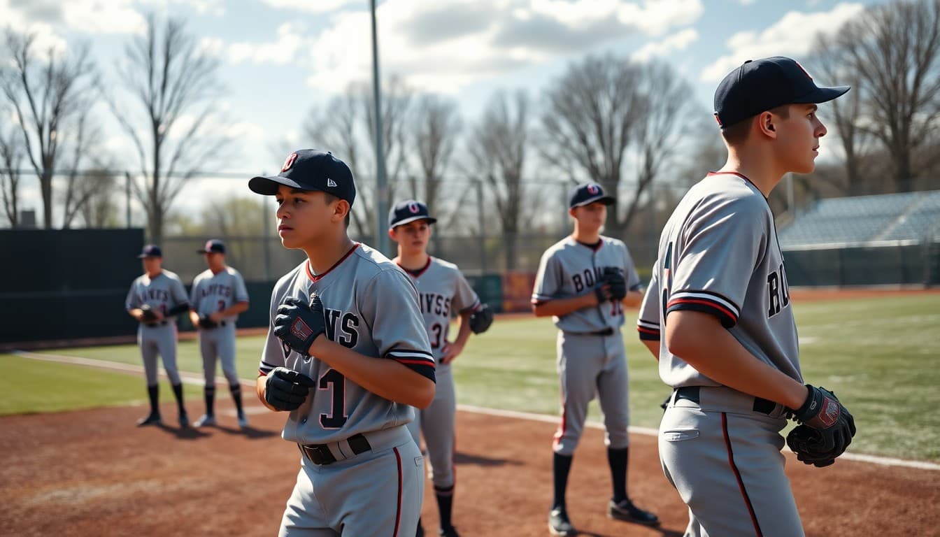 High school baseball players in uniform warming up on a diamond before a spring game