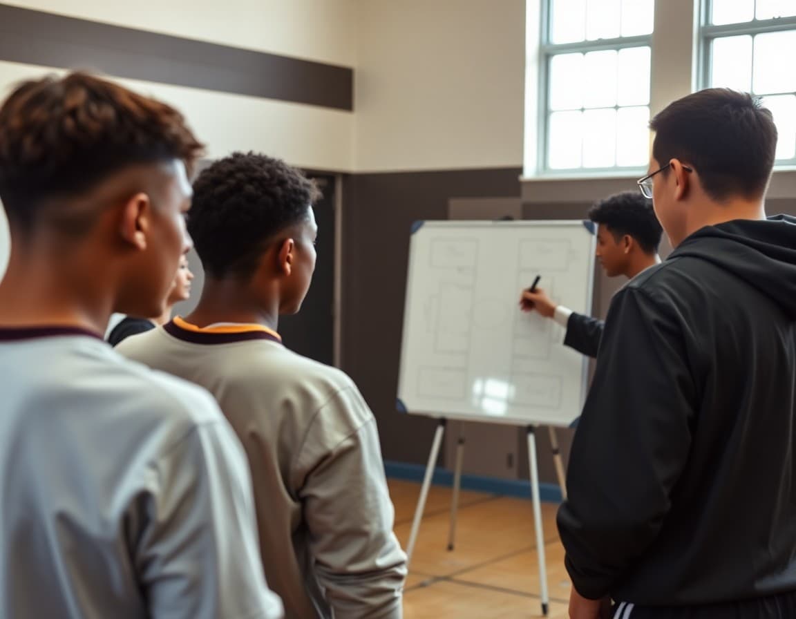 Basketball coach drawing a play on a whiteboard for high school players in a huddle