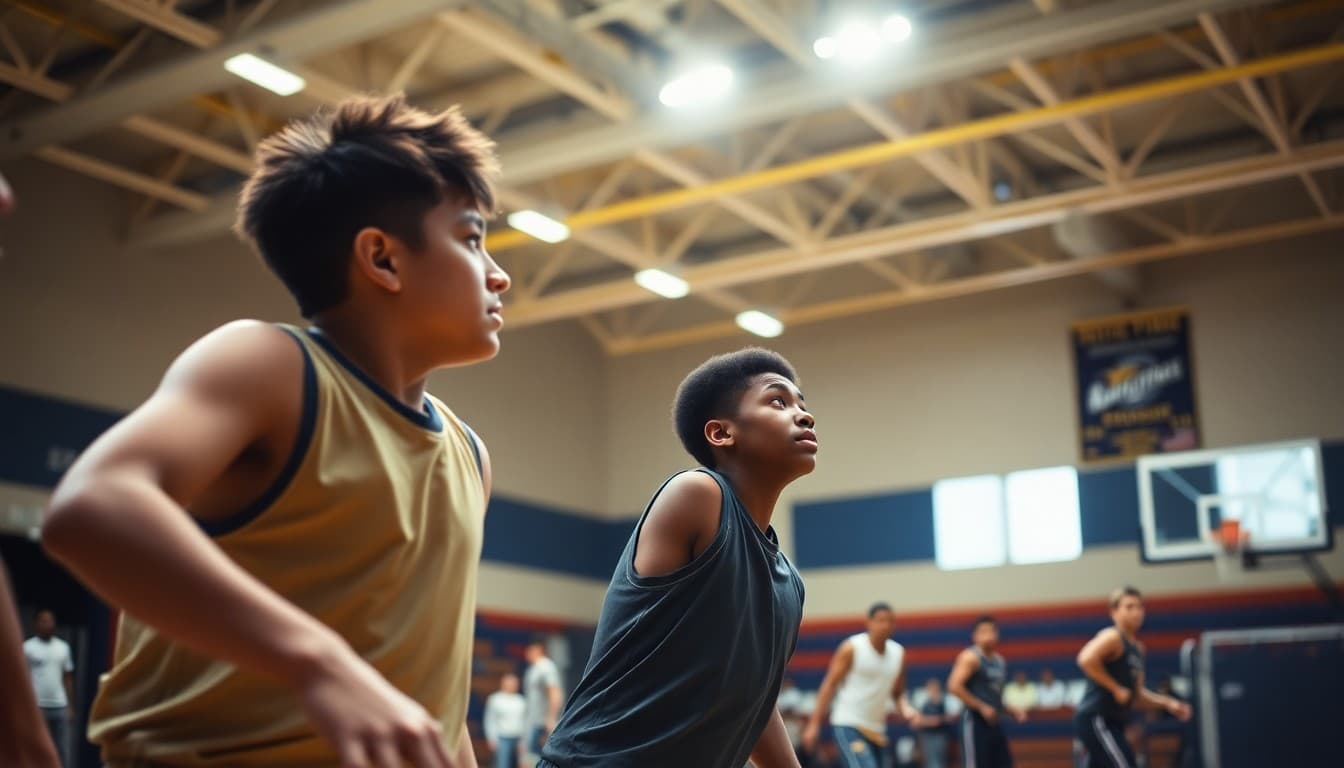 High school basketball players competing in a gymnasium game under bright court lights