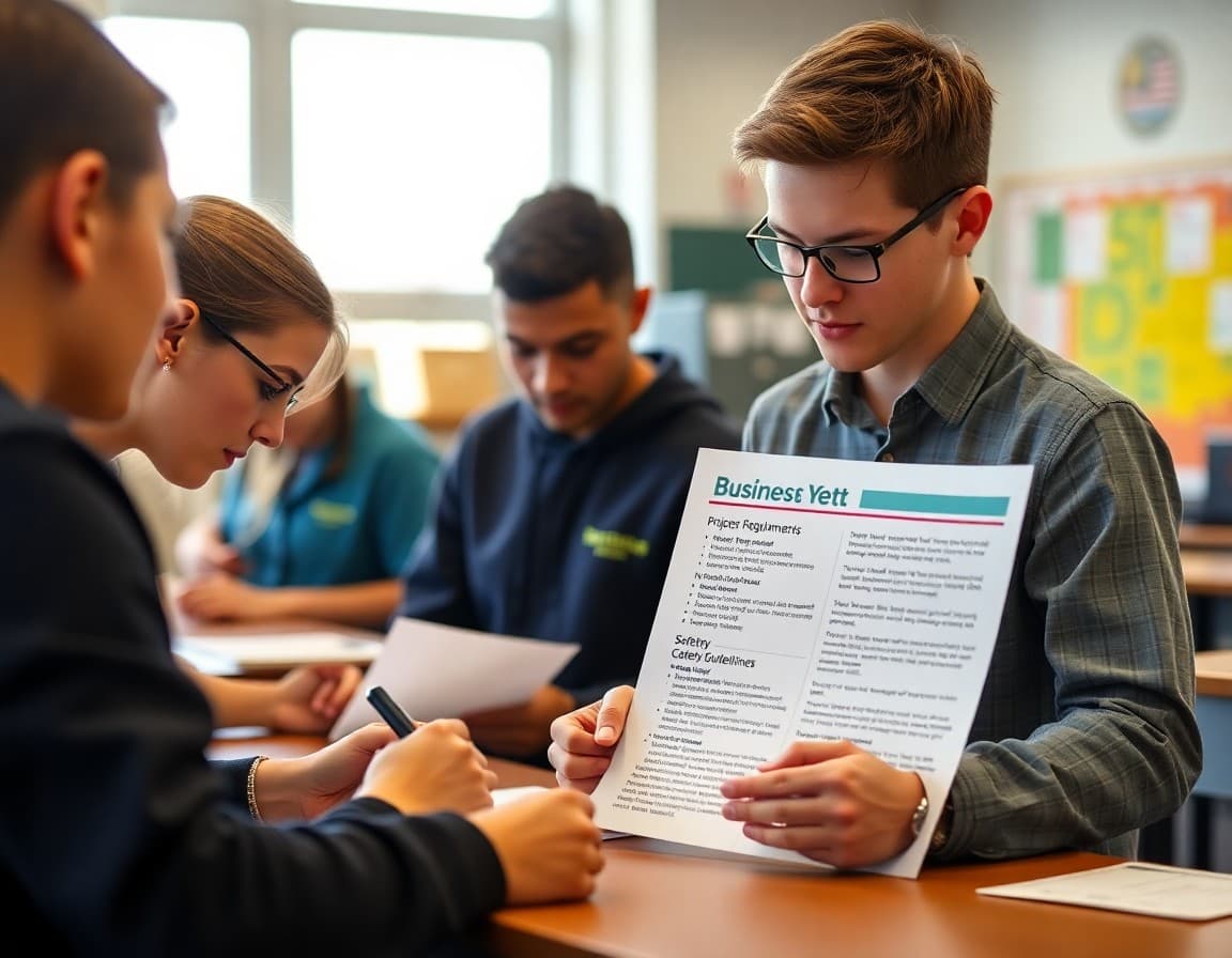 High school business cte newsletter showing project requirements, safety guidelines, and career pathway information