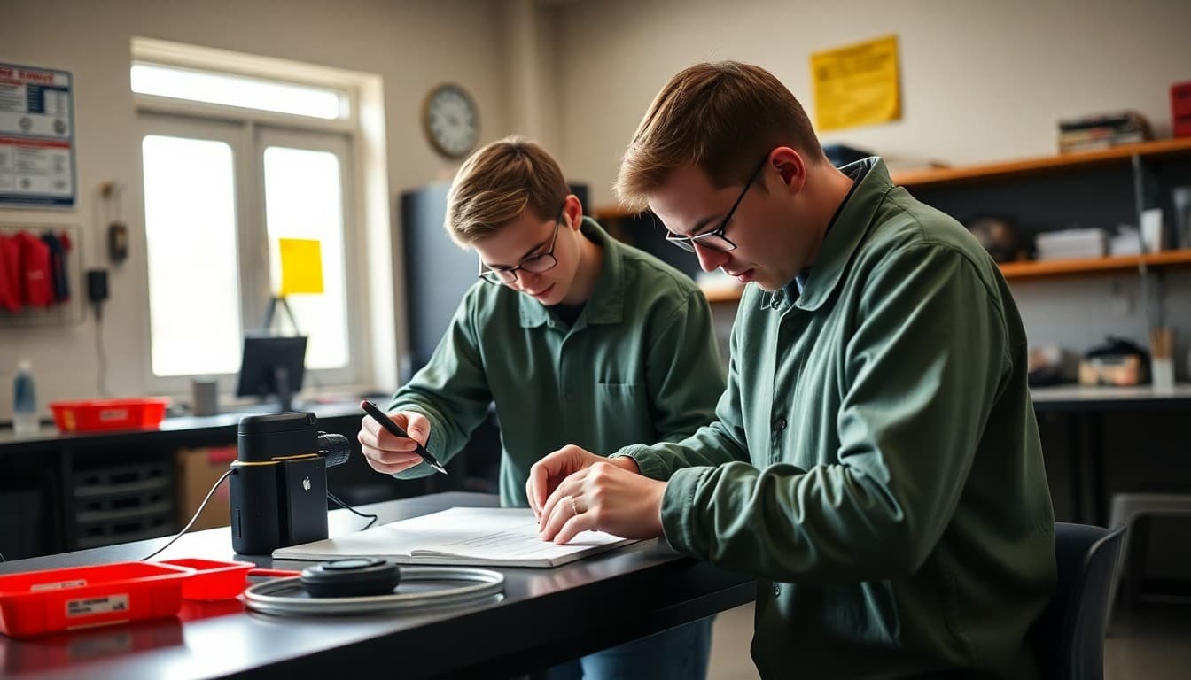 High school business cte students working on hands-on projects in a well-equipped business cte lab with safety equipment visible
