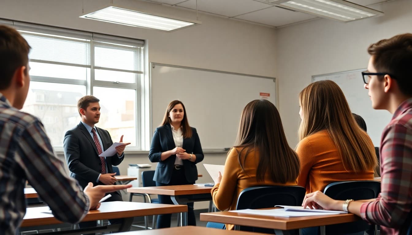 High school business pathway students presenting marketing plan to panel of business mentors in classroom setting