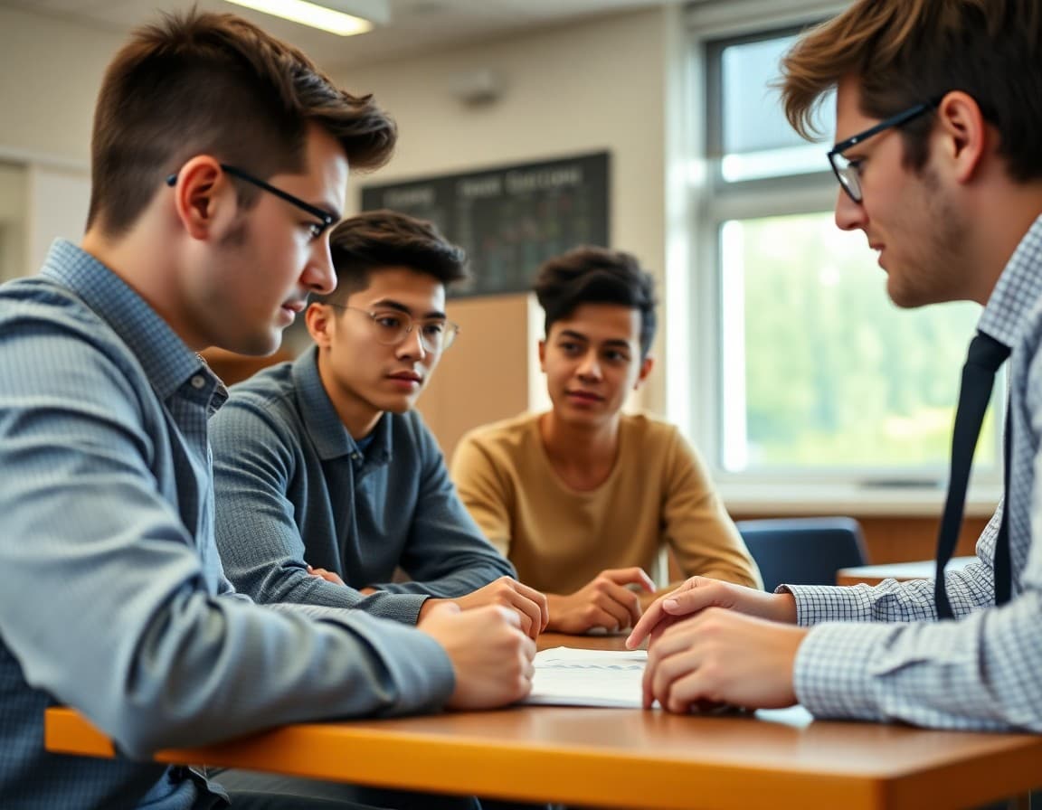 Business teacher reviewing financial projections with a student team in a high school class