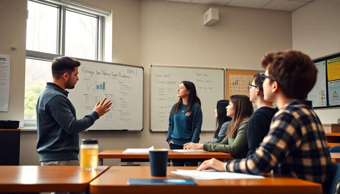 High school students presenting a business plan on a whiteboard in a business class