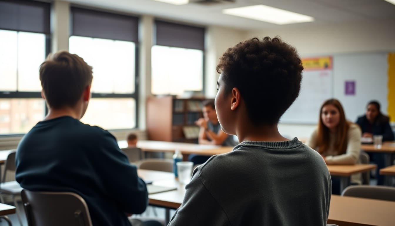 High school students role-playing a bystander intervention scenario in a classroom setting