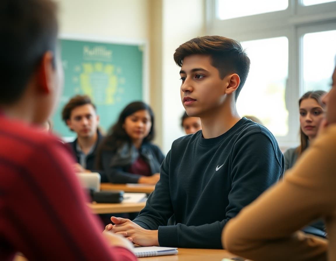 Student answering questions from capstone evaluators during a high school defense presentation