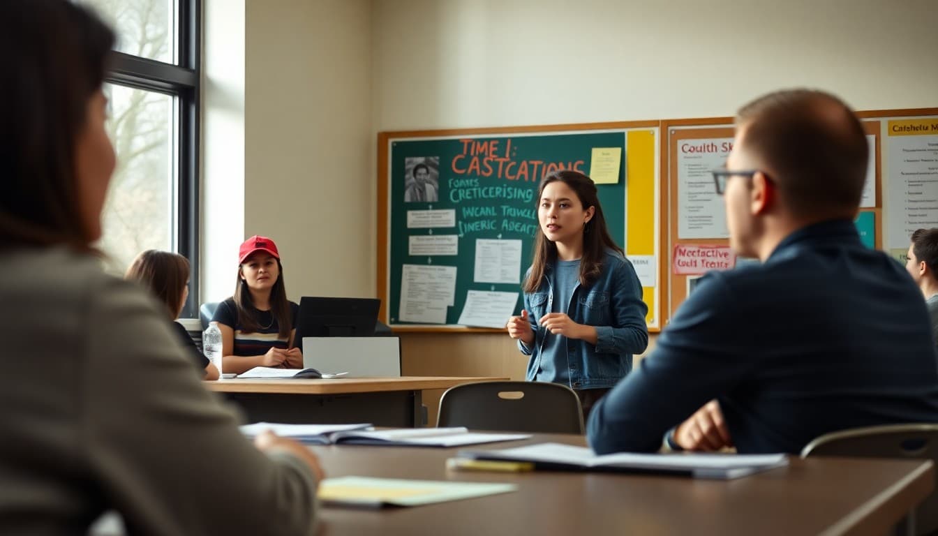 High school senior presenting a capstone research project to a panel of adult evaluators