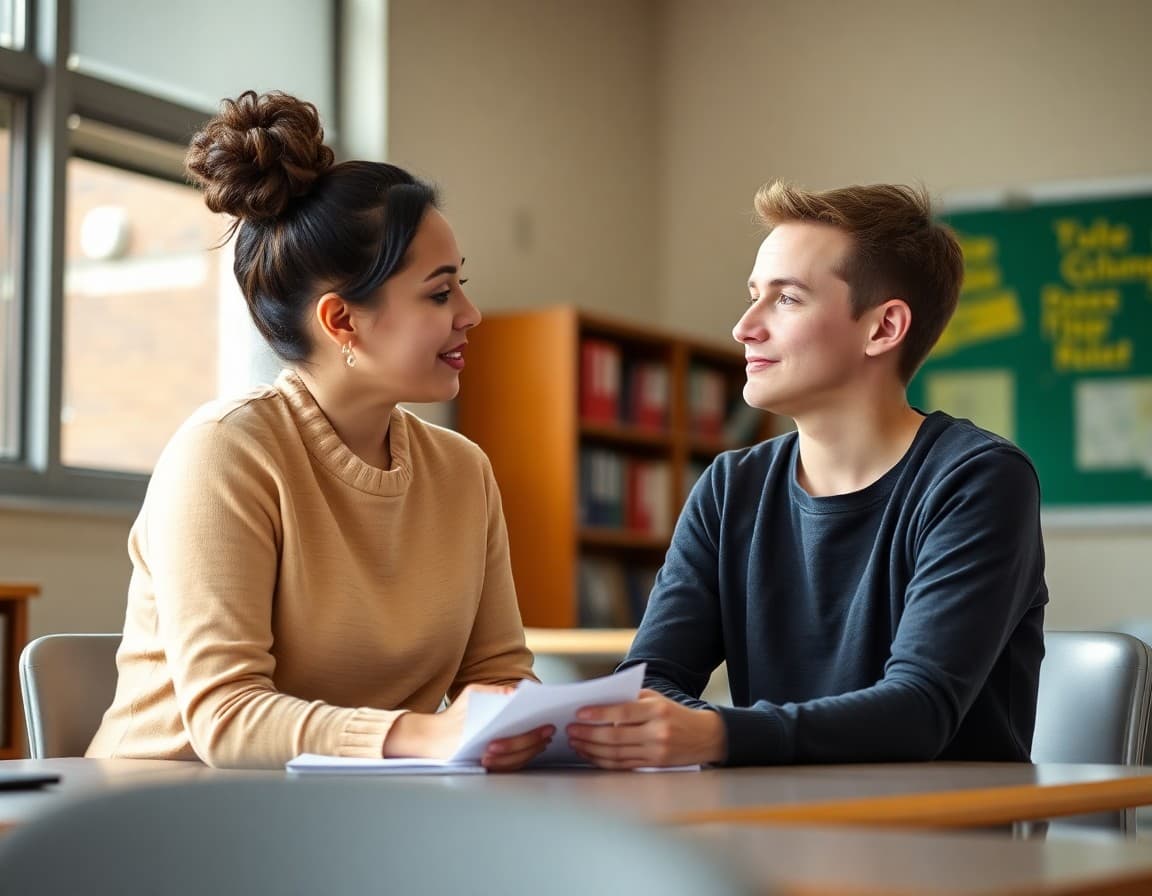 School counselor meeting with a high school student to review career pathway options and course planning