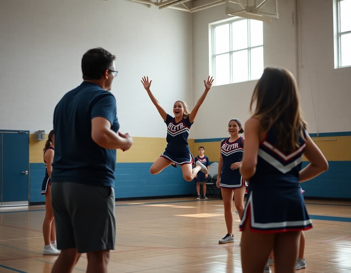 Cheerleading coach demonstrating a jump technique to high school athletes in a gym