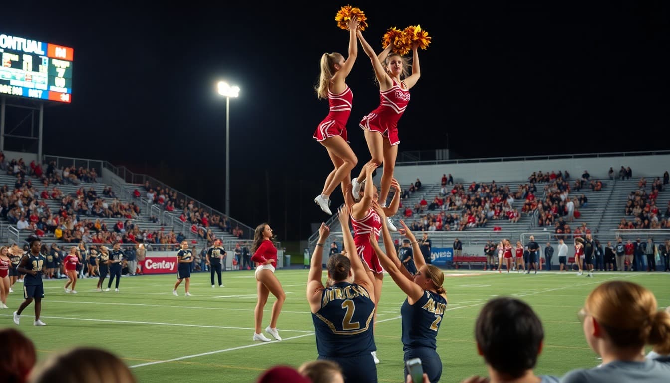 High school cheerleaders performing a stunt pyramid at a Friday night football game