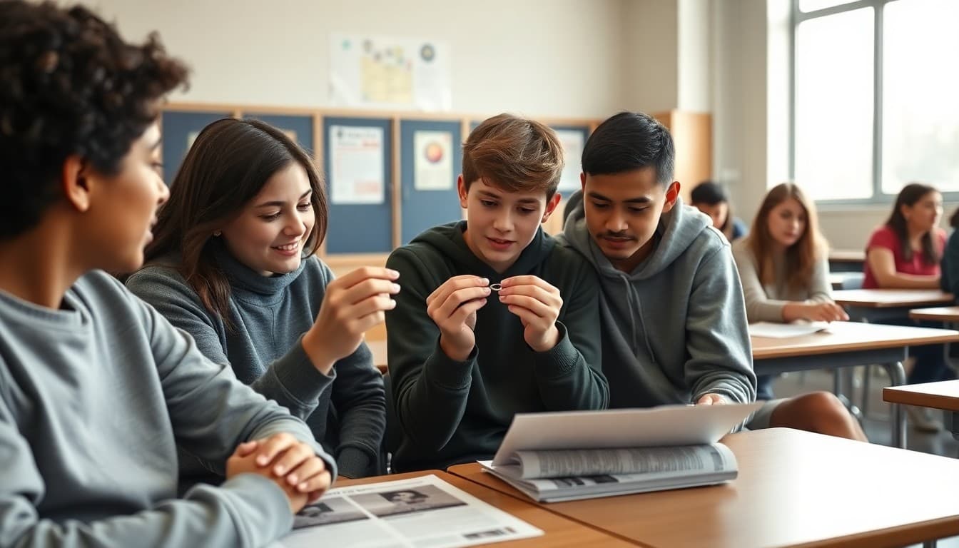 High school students reviewing class ring options with school newsletter visible on classroom desk