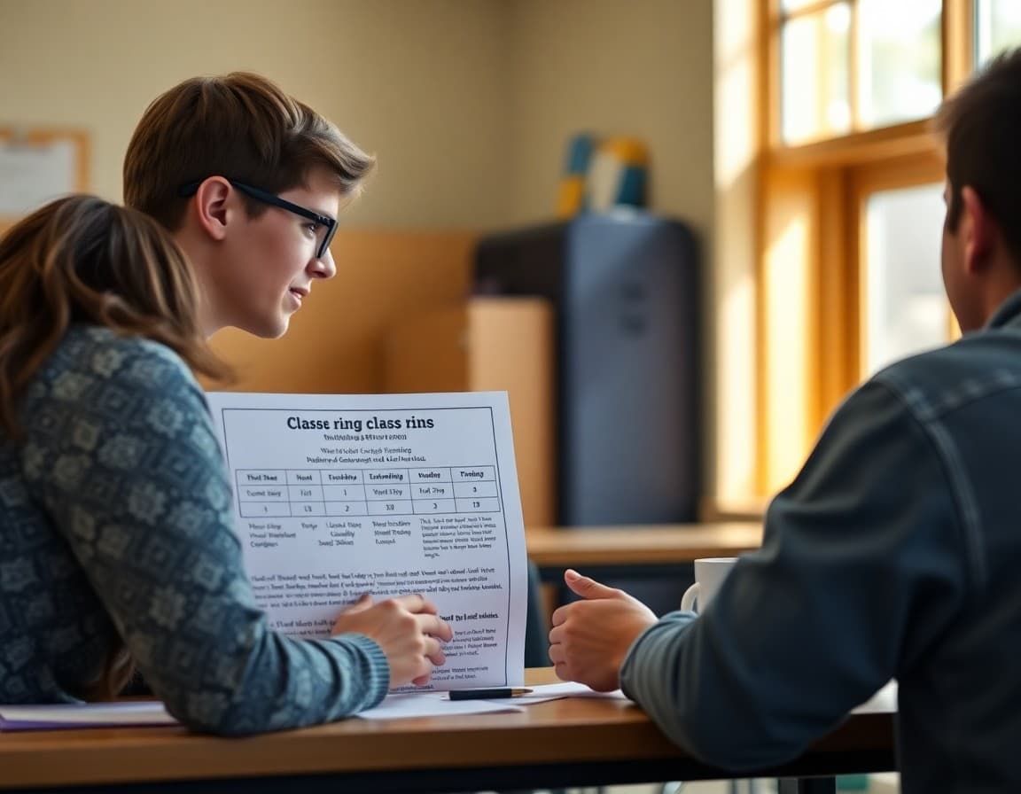 Teacher newsletter showing class ring ordering timeline, vendor information, and customization option overview for families