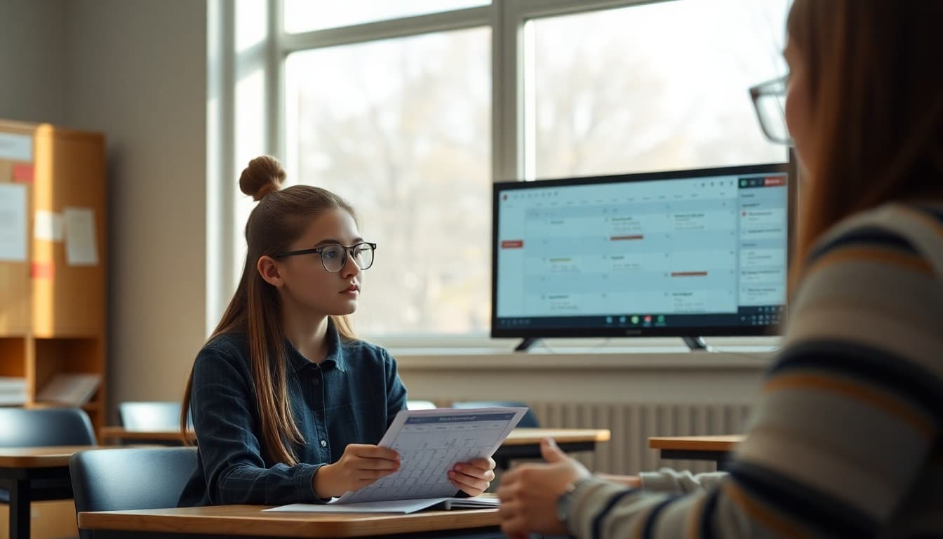 High school senior reviewing college application checklist with counselor showing deadline calendar on screen