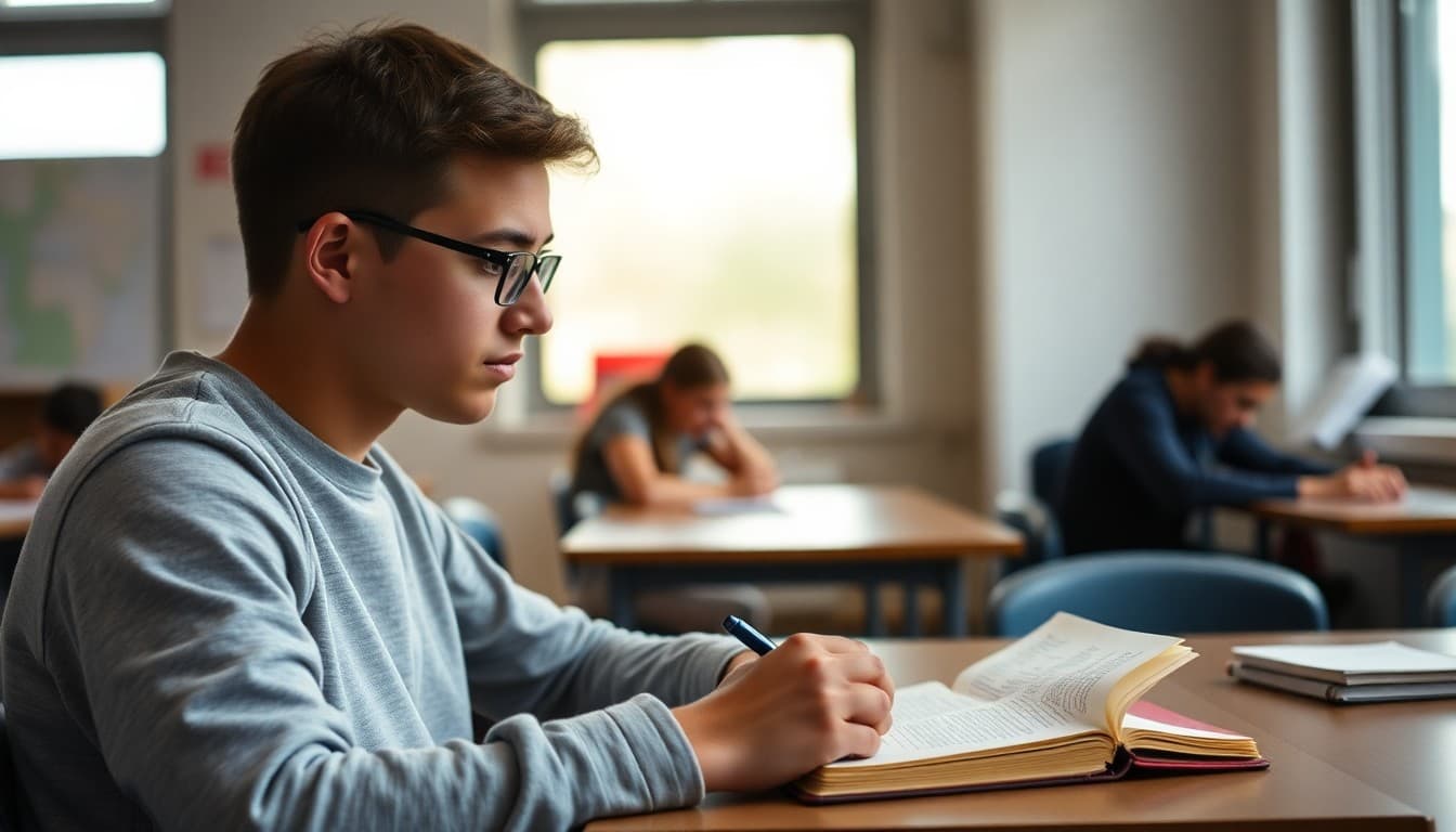 High school senior writing college application essay with brainstorming notes and personal reflection journal visible