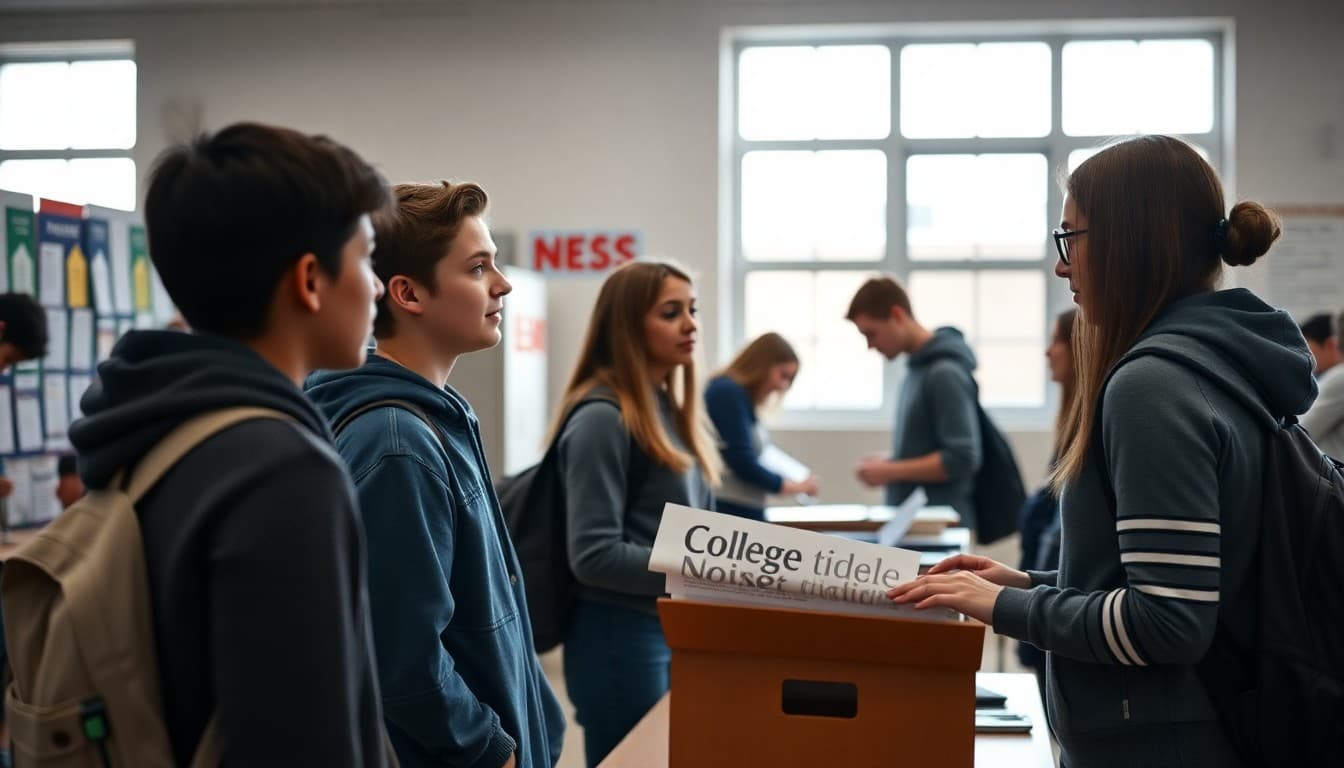 High school students visiting college fair booths with teacher newsletter visible on table