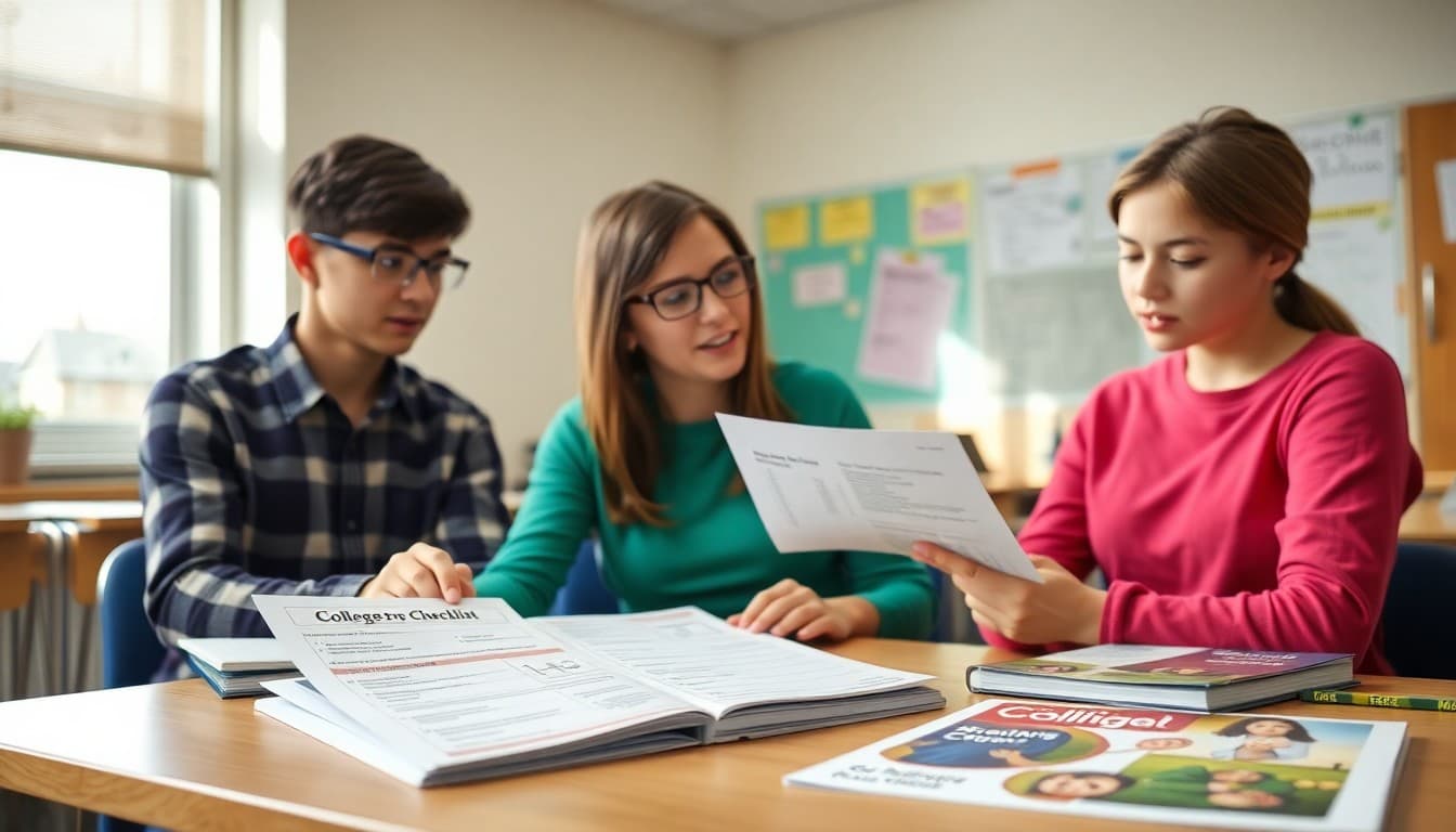 High school teacher reviewing college prep checklist with parent newsletter and college brochures on desk