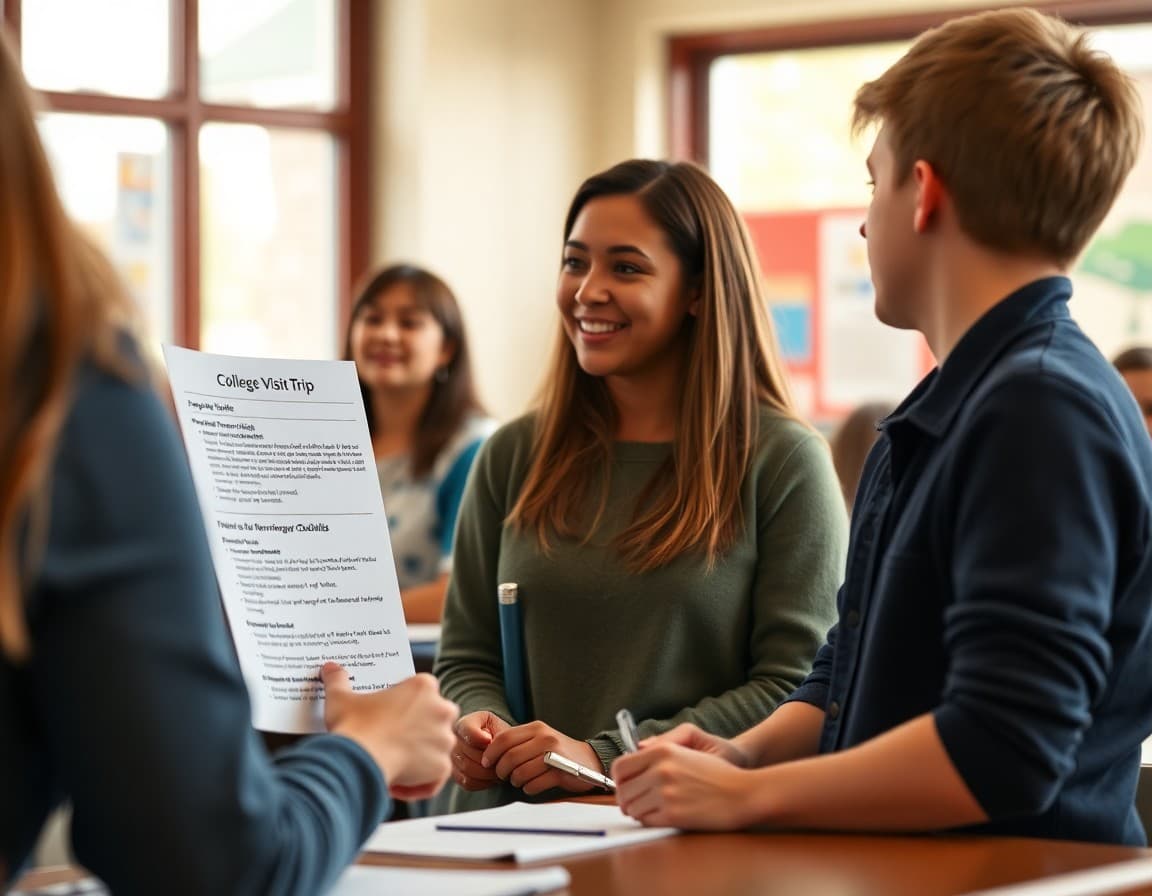 Teacher newsletter showing college visit trip preparation guide, observation checklist, and follow-up reflection activities