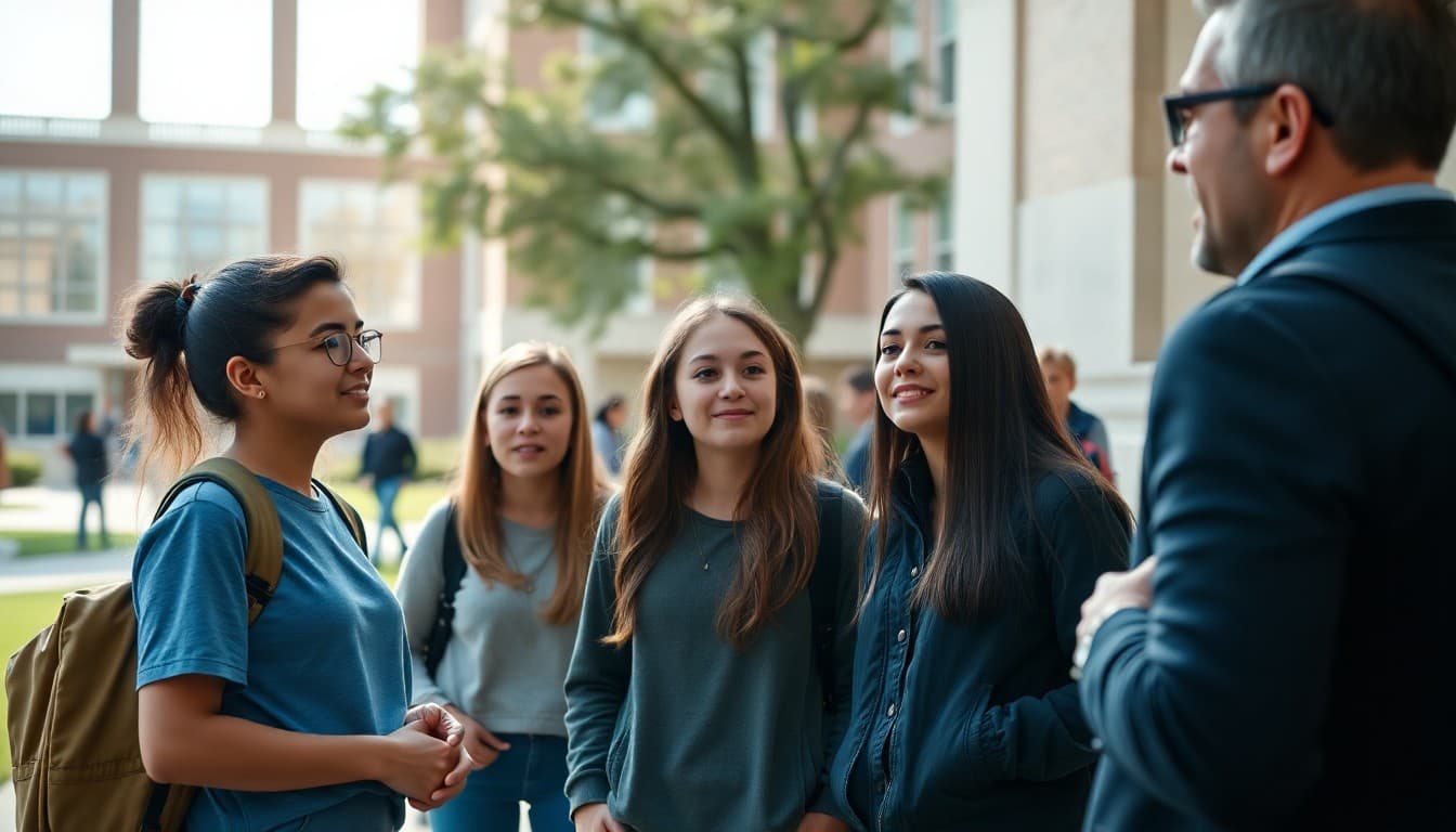 High school students and parents on campus tour with college admissions guide at university quad