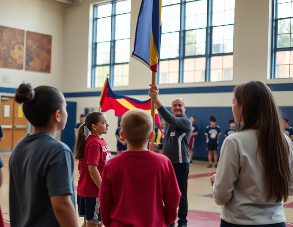 Color guard instructor teaching flag spinning technique to high school students in a gym