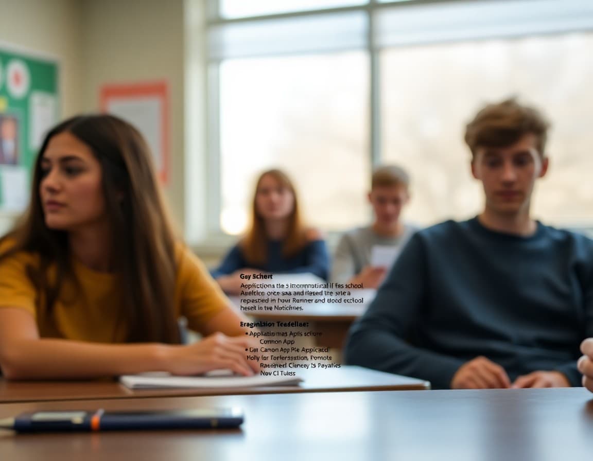 High school Common App newsletter showing application opening date, essay prompts, and recommendation request timeline