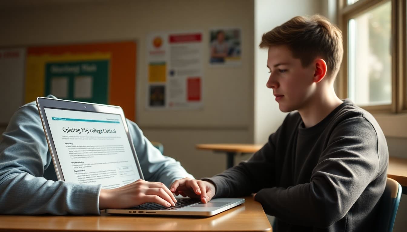 High school senior completing the Common Application on a laptop with teacher newsletter about college application visible