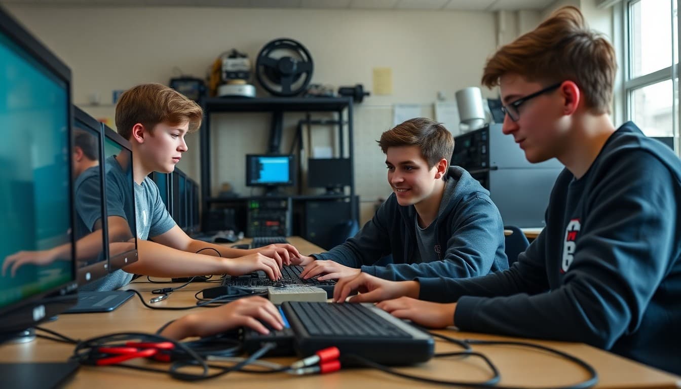 High school computer networking class students working on hands-on projects in a well-equipped computer networking class lab with safety equipment visible