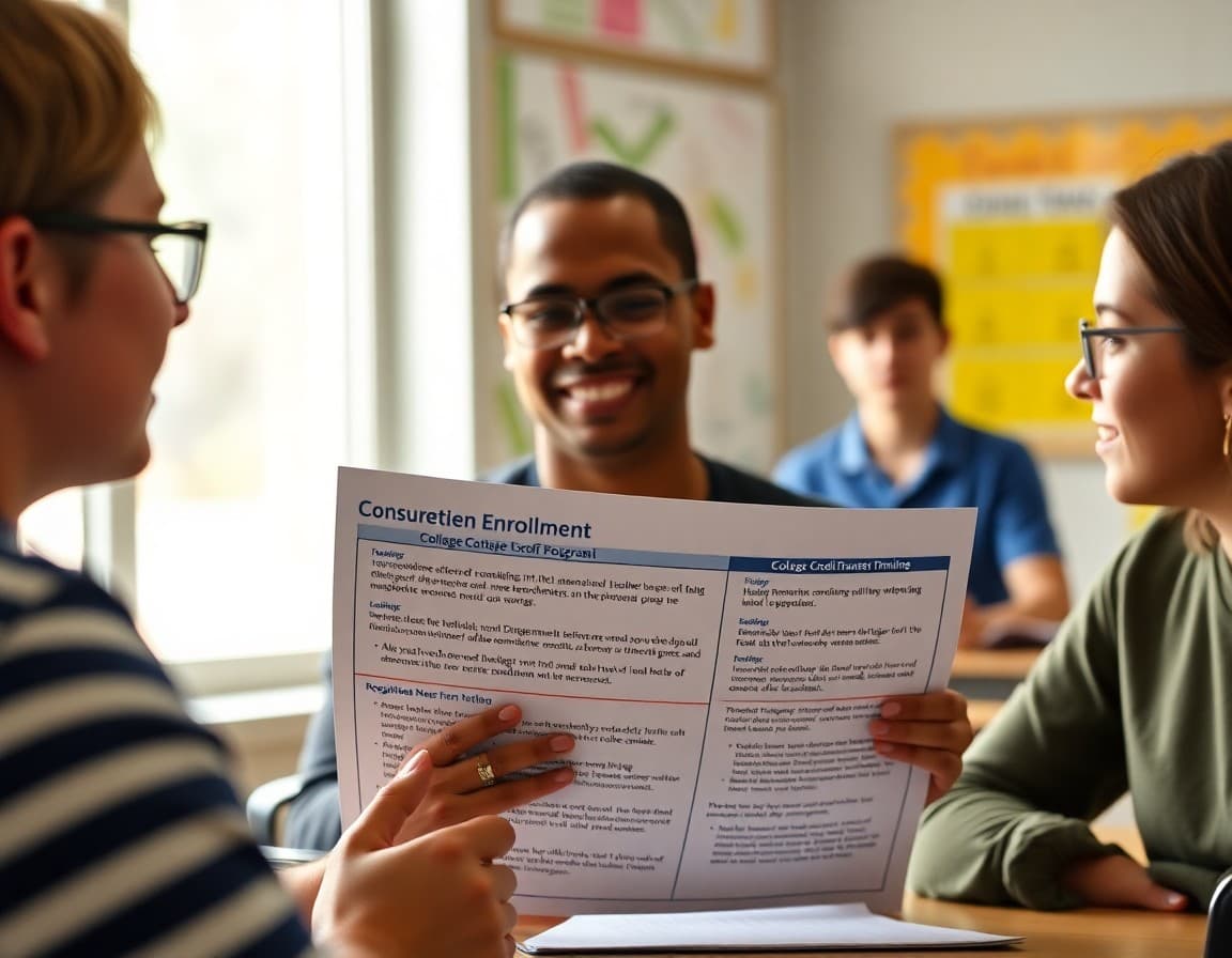 Teacher newsletter showing concurrent enrollment program requirements, college credit transfer information, and registration timeline