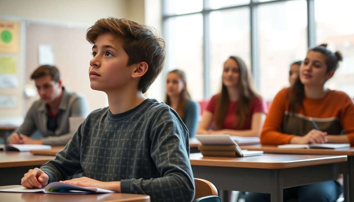High school student attending concurrent enrollment college class on campus with professor and college students