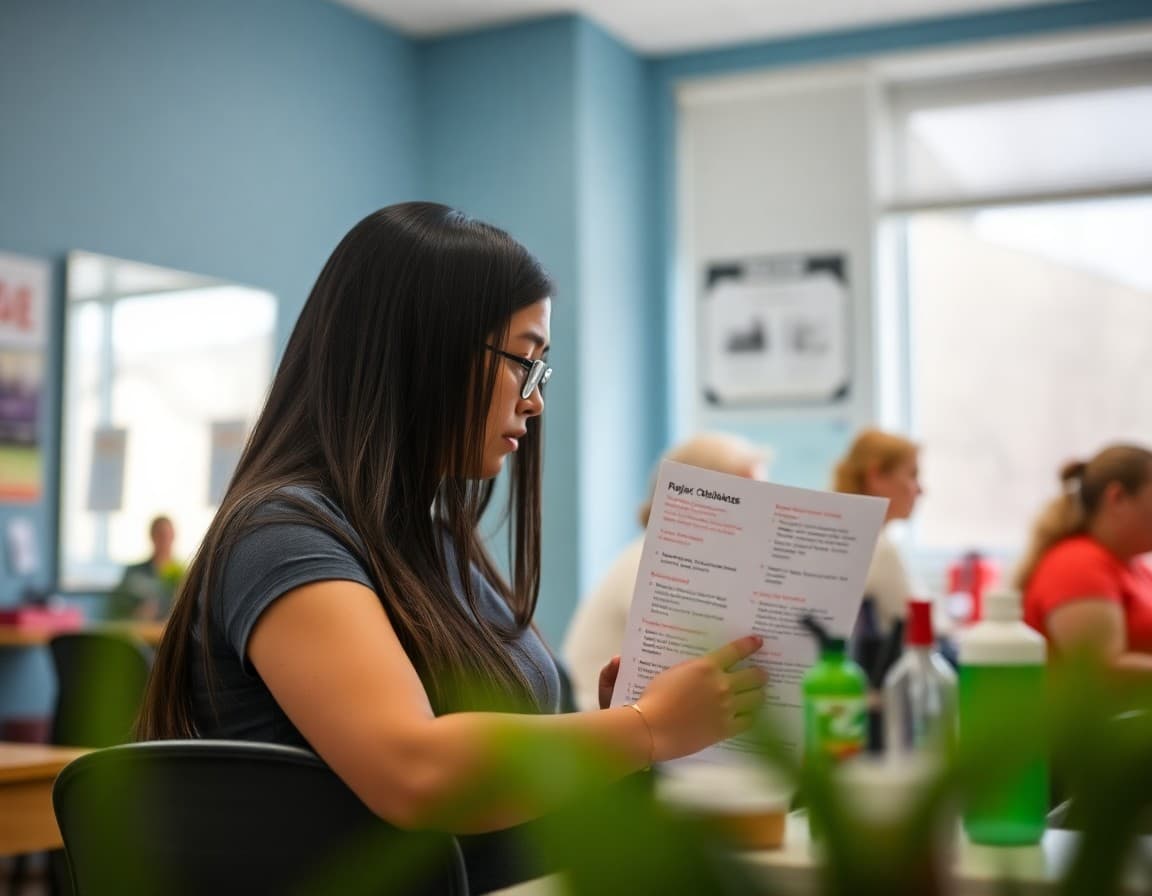 High school cosmetology class newsletter showing project requirements, safety guidelines, and career pathway information