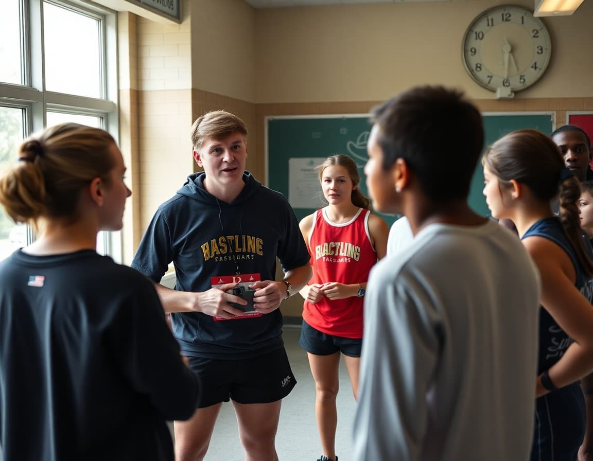 Cross country coach talking with student athletes before a practice session