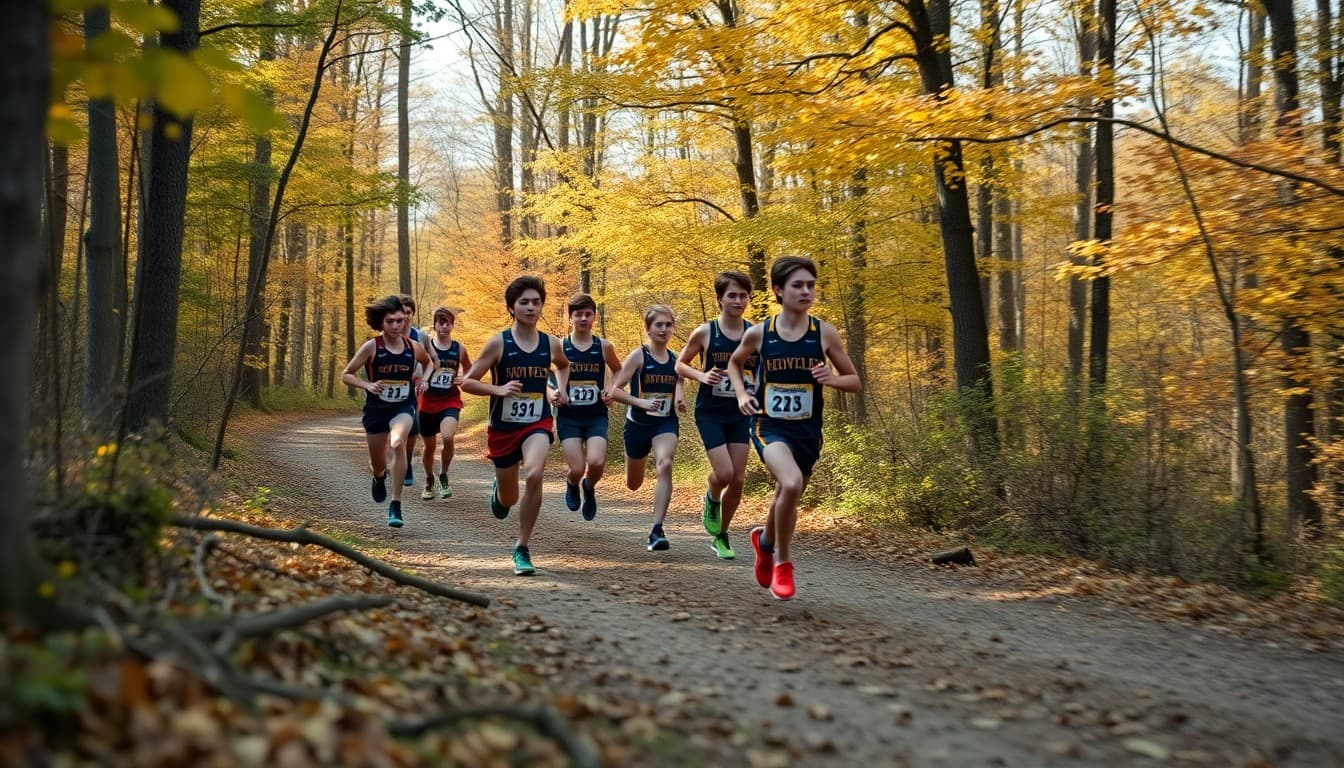 High school cross country runners racing through a wooded trail course in fall