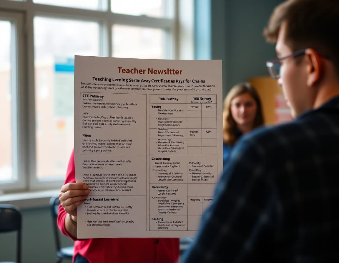 Teacher newsletter showing CTE pathway options, industry certification requirements, and work-based learning schedule
