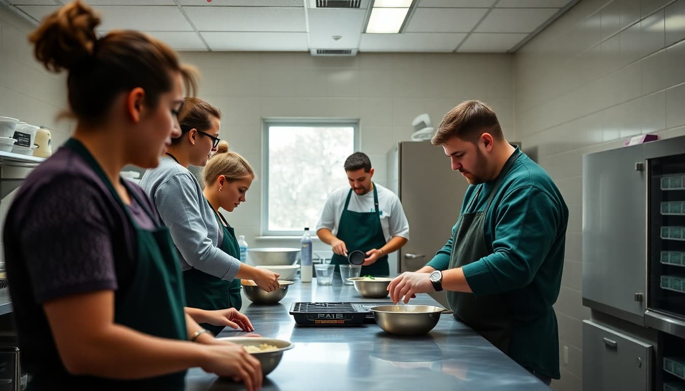 CTE pathway students in culinary arts kitchen with instructor demonstrating professional technique during class
