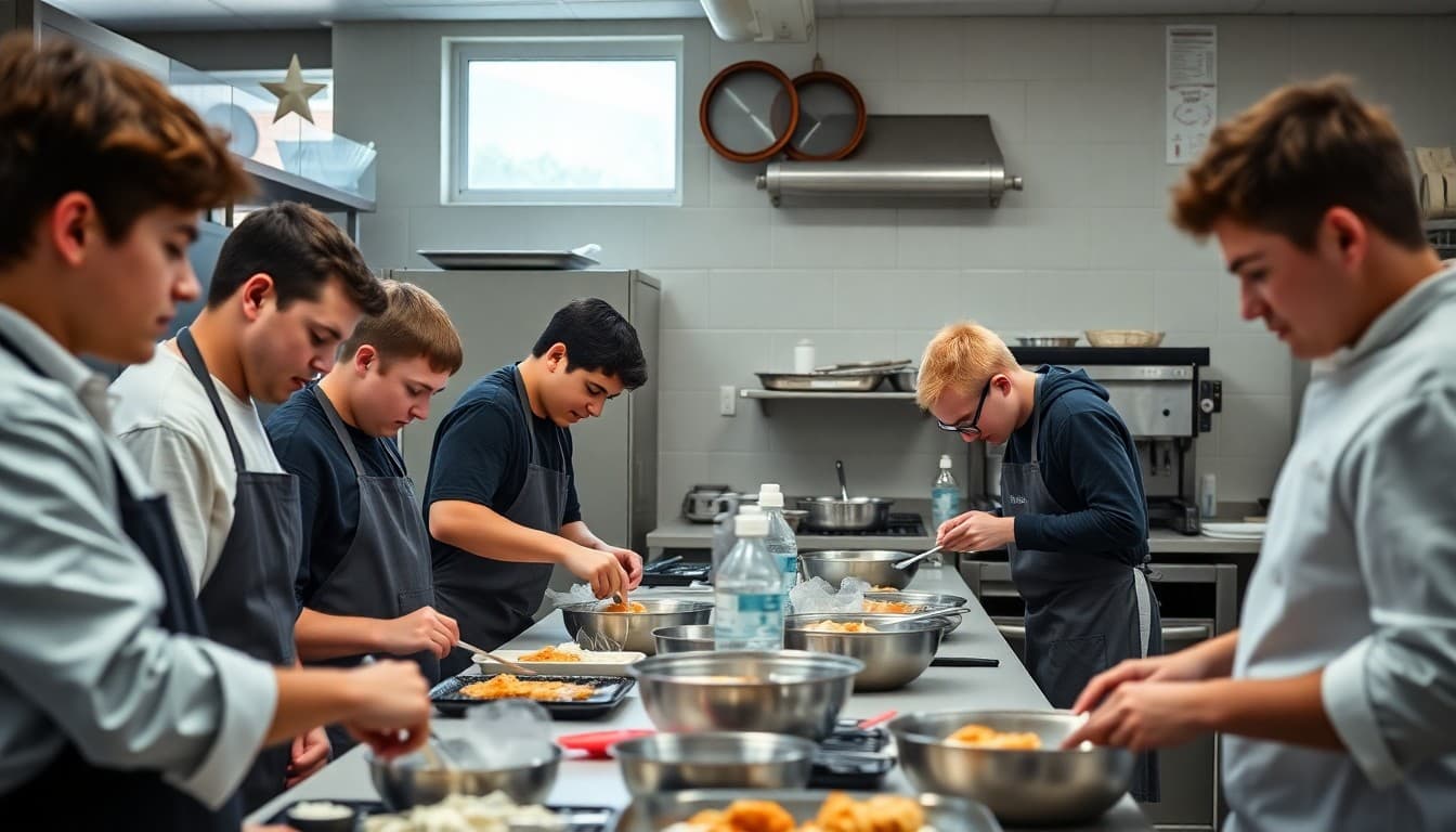 High school culinary arts class students working on hands-on projects in a well-equipped culinary arts class lab with safety equipment visible