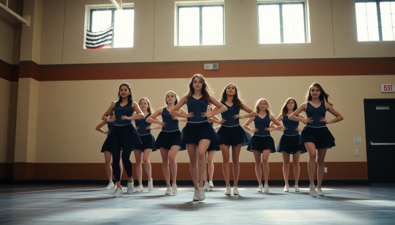 High school dance team performing a synchronized routine on a gymnasium floor in uniforms