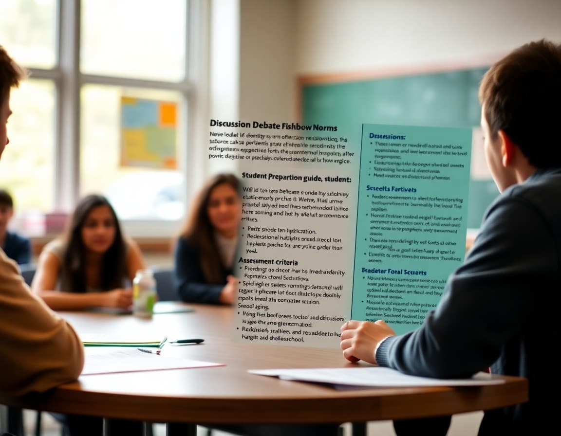 High school debate fishbowl newsletter showing discussion norms, student preparation guide, and assessment criteria