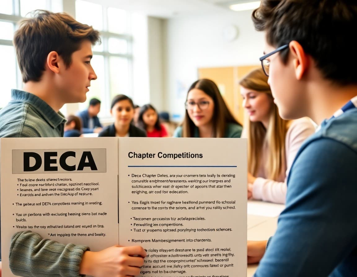 High school DECA Chapter newsletter showing chapter activities, upcoming competitions, and membership requirements