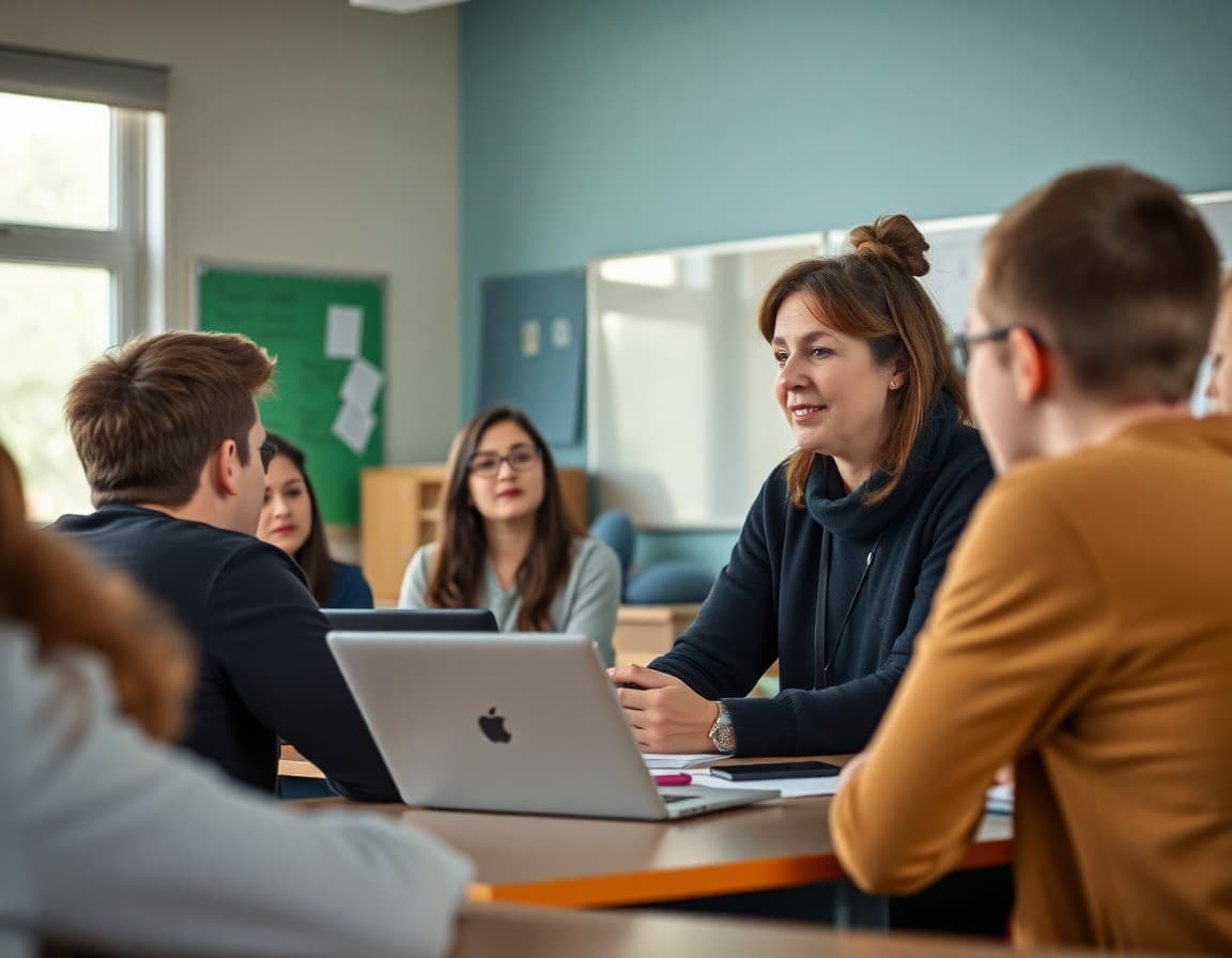Teacher facilitating a discussion about responsible online behavior with high school students