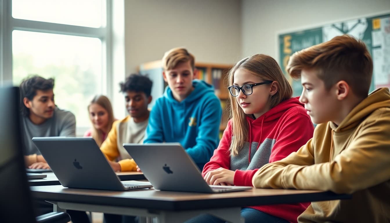 High school students discussing digital ethics and online privacy in a technology classroom