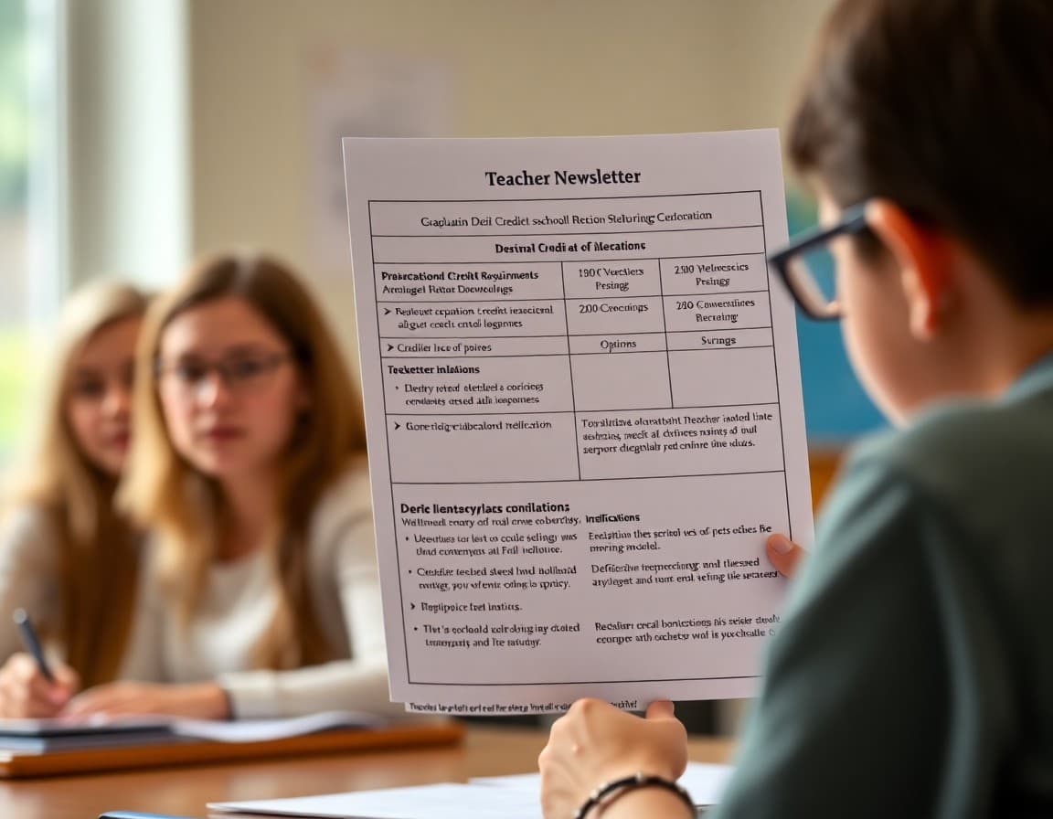 Teacher newsletter showing graduation credit requirements, credit check timeline, and deficiency resolution options