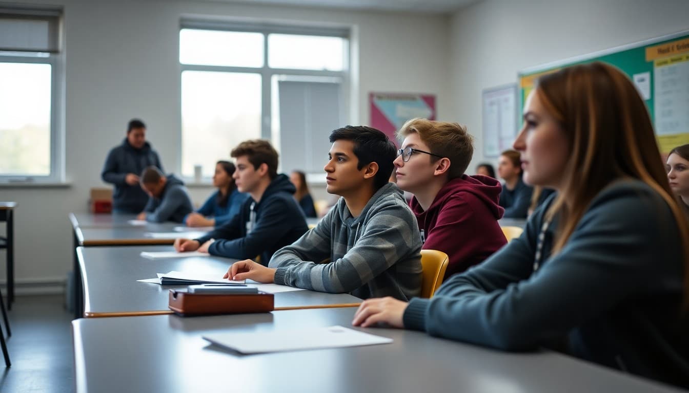 High school students watching a documentary in class with teacher facilitating discussion afterward