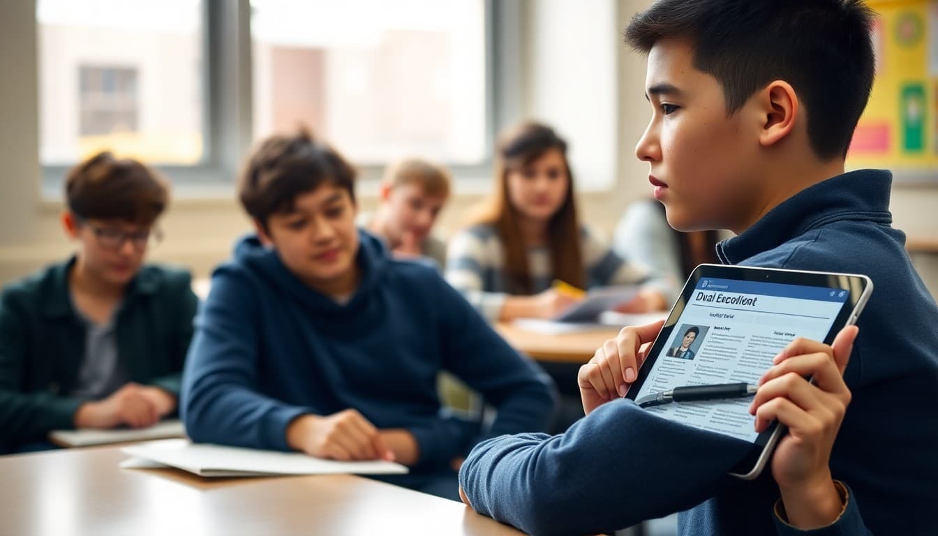 High school student attending a dual enrollment college class with teacher newsletter visible on tablet