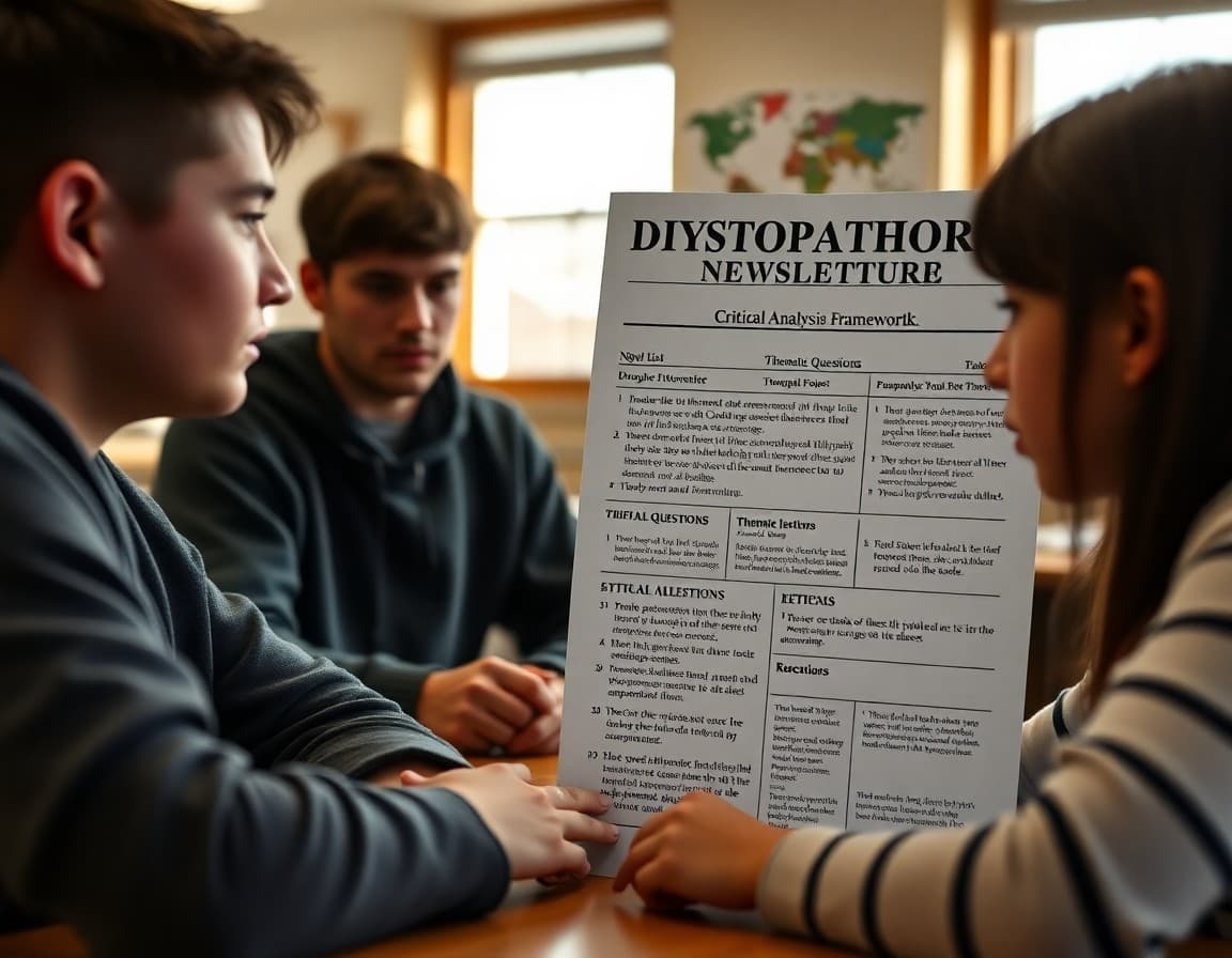 High school dystopian literature newsletter showing novel list, thematic questions, and critical analysis framework