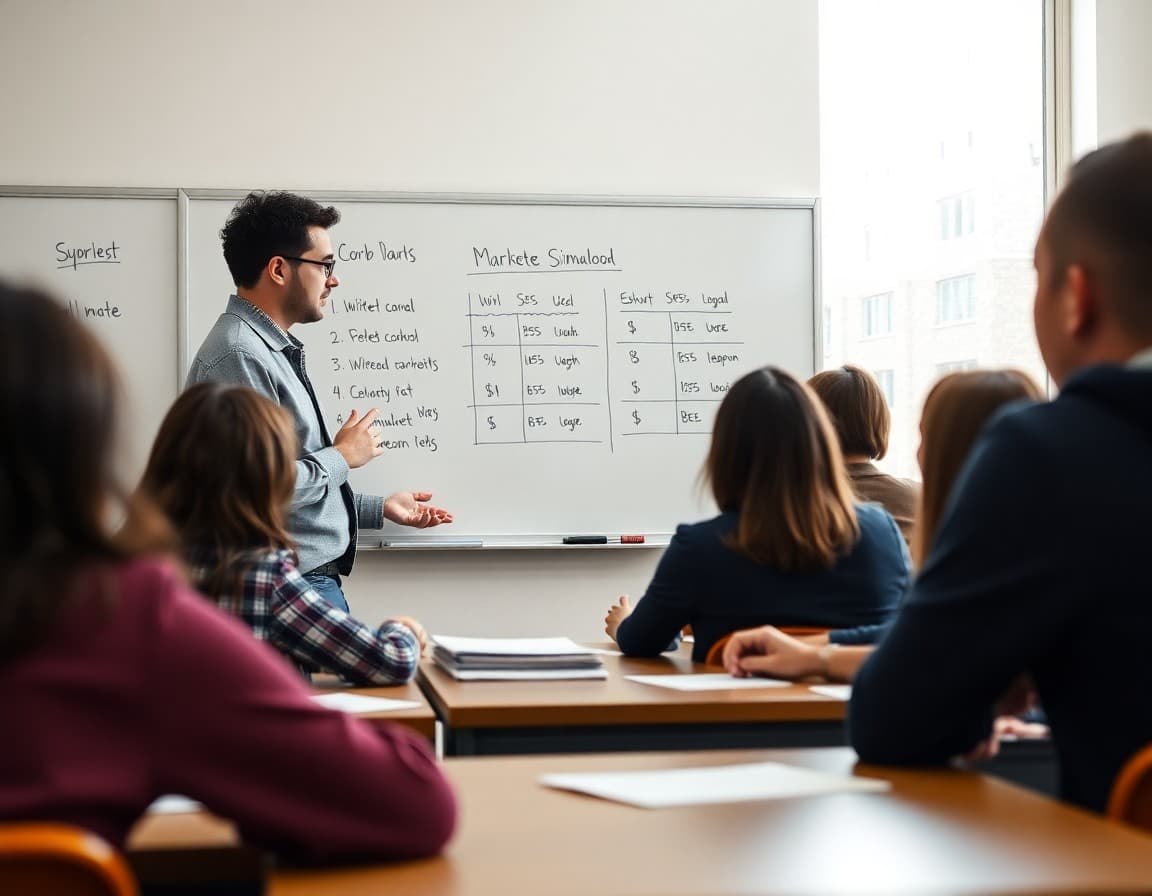 Economics teacher debriefing a market simulation with students at a classroom whiteboard