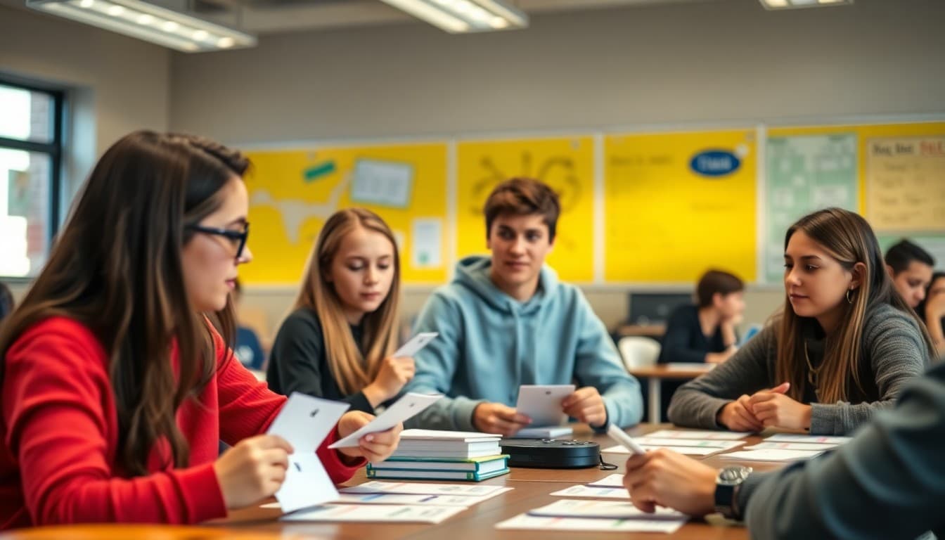 High school students participating in an economics trading simulation with role cards in class