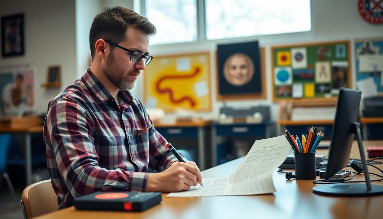High school elective teacher writing a course value newsletter at a desk with art and technical projects visible
